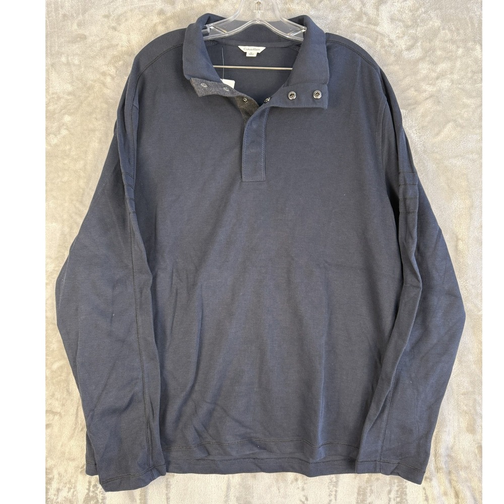 Y2K Calvin Klein‎ Mens XL Button Henley Shirt Long Sleeve Pullover Navy